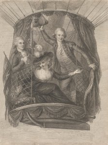 Madame Sagen, Chevalier Bigginin ja kapteeni Vincent Lunardin taivaaseenastuminen ilmapallolla, 20. kesäkuuta 1785 tekijältä Francesco Bartolozzi