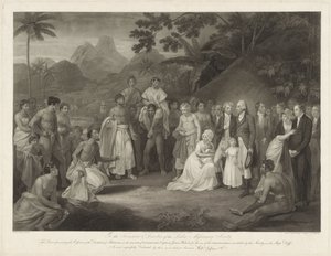 Kapitein James Wilson op het eiland Otaheité Matavain luovutus (Tahitilla) kapteeni James Wilsonille Otaheiten saarella sijaitsevan Matavain piirin luovutus kapteeni James Wilsonille tuon seuran sinne lähettämien lähetyssaarnaajien käyttöön tekijältä Francesco Bartolozzi