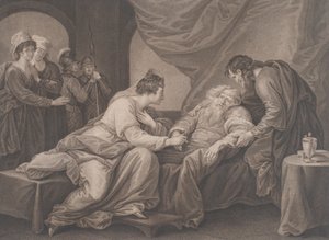 Kuningas Lear ja Cordelia Shakespeare, Kuningas Lear, näytös 4, kohtaus 7, n. 1783. tekijältä Francesco Bartolozzi