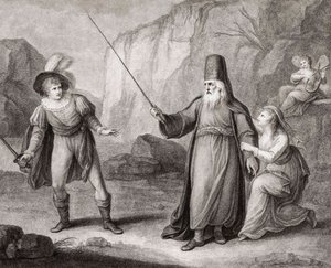 Prospero riisuu Ferdinandin aseista. Shakespeare. The Tempest (kaiverrus) tekijältä Francesco Bartolozzi