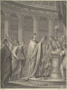 Roomalainen sotapäällikkö Julius Caesar vihkii Venus Genetrixin temppelin Caesarin forumilla Roomassa, 46 eKr. tekijältä Francesco Bartolozzi
