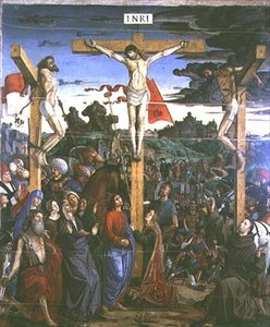 Ristiinnaulitseminen Pyhän Hieromuksen ja Pyhän Franciscuksen kanssa (paneeli) tekijältä Francesco Bianchi Ferrari