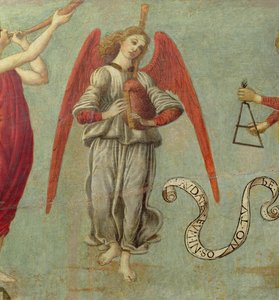 Säkkipilliä soittava enkeli, n.1475-97 tempera taululle, yksityiskohta kuvasta 64871, katso myös 64873 ja 64874.