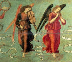 Viulua ja piippua soittavat enkelit, n.1475-97 tempera taululle, yksityiskohta kuvasta 64871, katso myös 64872 ja 64873.