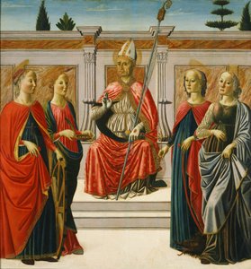 Pyhä Nikolaus ja pyhät Katariina, Lucy, Margaret ja Apollonia tekijältä Francesco Botticini