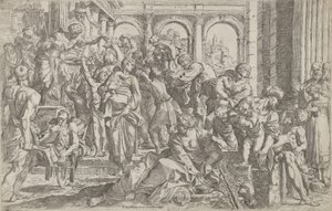 Saint Roch vasemmalla jakoi almuja ympärilleen kokoontuneelle ihmisryhmälle ..., 1590-1600 jälkeen.