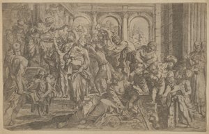 Saint Roch vasemmalla jakoi almuja hänen ympärilleen kokoontuneelle ihmisryhmälle A..., n. 1607.