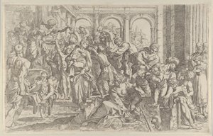 Saint Roch vasemmalla jakoi almuja ympärilleen kokoontuneelle ihmisryhmälle, af..., n. 1590-1600.