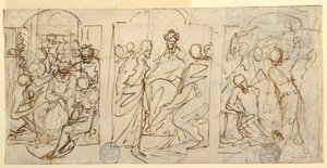 Piirustus, Passion kolme vaihetta: 1848: Pilkka, Kristus Pilatuksen edessä, ruoskiminen, n. 1848. tekijältä Francesco Coghetti