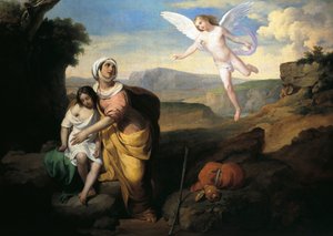 Enkeli vieraili Hagarin ja Ismaelin luona, noin 1846, Francesco Coghetti (1804-1875), öljy kankaalle, 96x132 cm