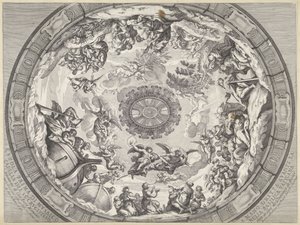Kupolin koristelu Vanhan testamentin hahmoilla ja enkeleillä Cupola prima di mosaico capella del SS.mo Crucifisso (...) (otsikko esineessä) Pietarinkirkon kupolikoristeet (sarjan nimi) tekijältä Francesco Faraone Aquila