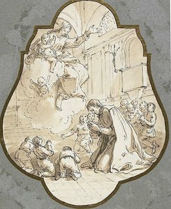 Neitsyt ilmestyy pyhälle Filippo Nerille ja hänen oppilailleen. tekijältä Francesco Fontebasso