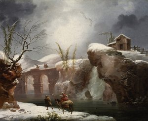 Talvimaisema, jossa on matkustajia joen rannalla