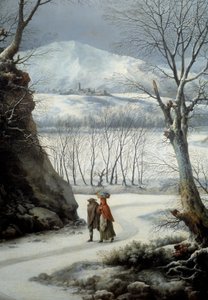 Pariskunta tiellä keskellä talvea. Francesco Foschin (? - 1805) maalaus