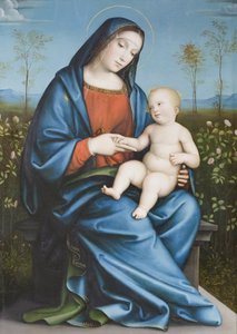 Madonna ja lapsi ruusutarhassa, Raibolini Francesco nimeltään Francesco Francia (öljy paneelille)