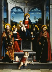 Neitsyt ja lapsi pyhien Benedictuksen, Justinan, Placiduksen ja Scholastican kanssa, noin 1515