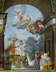 Allegoria Lawrence de Medici il Magnificentin (1449-1492) kuolemasta. Oikealla esitys kohtalon jumaluuksista, kabineteista (tai puistoista): Clotho, Lachesis ja Atropos. Francesco Furinin fresko (160).