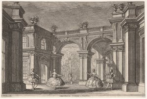 Kaksi naista ja kaksi herraa tanssimassa koristeellisessa arkkitehtonisessa ympäristössä, suihkulähde osoitteessa..., 1765.