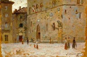Francesco Giolin (1846-1922) Volterran aukiolla, öljy paneelille