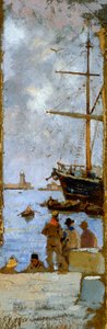 Francesco Giolin (1846-1922) näkymä Livornon satamasta, öljy kankaalle siirretty pahville, 38x12 cm