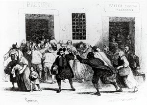 Sauvosauvojen leipomon ryöstely, jakso Kihlatuista, Alessandro Manzoni (1785-1873), kuvitus Francesco Goninin (1808-1889) 1840 painos