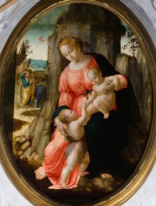 Pyhän Johanneksen kohtaaminen Pyhän perheen kanssa Egyptissä, 1500-luvun ensimmäinen puolisko (öljy soikealle taululle) tekijältä Francesco Granacci