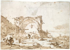 Capriccio, jossa on tuhoutunut goottilainen kaari tekijältä Francesco Guardi