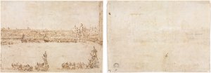 Voittoautojen kulkue Piazza San Marcolla, Venetsiassa, juhlii Conti del Nordin vierailua (recto) Kolme luonnosta kaarista (käänteinen) tekijältä Francesco Guardi