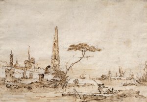 Capriccio Venetsian laguunin vieressä, obeliski ja leijona linnoitettujen kaupungin muurien ulkopuolella (kynä ja muste) tekijältä Francesco Guardi