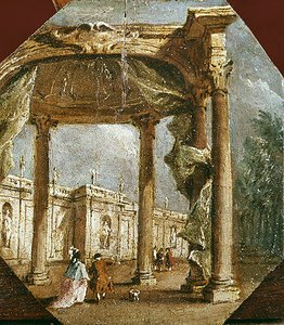 Capriccio of a Folly elegantin parin ja koiran kanssa (öljy paneelissa) tekijältä Francesco Guardi