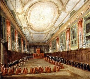 Paavi Pius VI (1717-99) ja doge Paolo Renier SS:n kirkossa. Giovanni ja Paolo (öljy kankaalle) tekijältä Francesco Guardi