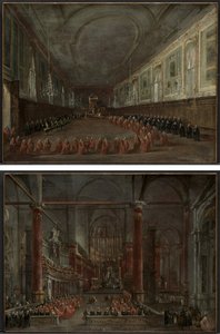 Paavi Pius VI laskeutuu valtaistuimelle lähteäkseen Dogesta SS-salissa. Giovanni e Paolo, 1782 ja paavillinen seremonia SS:ssä. Giovanni e Paolo, Venetsia, 1782 (pari) tekijältä Francesco Guardi