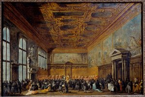 Venetsian dogin (todennäköisesti Alvise IV Mocinego (1701-1778)) myöntämä yleisö Venetsian herttuapalatsin College Hallissa Francesco Guardin (1712-1793) maalaus 1766-1770 su. 0,67 x 1,01 m tekijältä Francesco Guardi