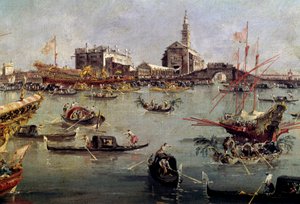 Doge Bucentauruksella (Bucentoro) San Nicolossa Lidosta Venetsiaan, Francesco Guardin (1712-1793) helatorstai-maalaus 1700-luvun Pariisissa, Louvre-museo. tekijältä Francesco Guardi