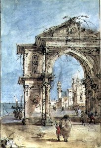 Riemukaari rantakadulla (kynä ja ruskea tussi, pesu, vesiväri, korotettu valkoisella). tekijältä Francesco Guardi