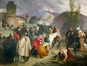 Peter Hermit ratsastaa valkoisella muulilla krusifiksi kädessään ja kiertää kaupunkien ja kylien läpi saarnaamassa ristiretkeä tekijältä Francesco Hayez
