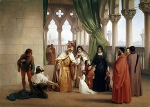 The Two Foscari: Francesco Foscari, Venetsian dogi, joka karkotti poikansa Jacopon syytettynä maanpetoksesta kirjeenvaihdosta maanpaossa (öljy kankaalle, noin 1852) tekijältä Francesco Hayez