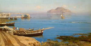 Venesatama veneellä ja kalastajilla, kirjoittanut Francesco Lojacono (1838-1915), öljy kankaalle, 61x118 cm tekijältä Francesco Lojacono