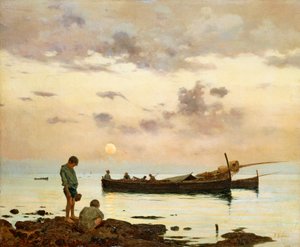 Marina kalastusveneellä ja pojilla, kirjoittanut Francesco Lojacono (1838-1915), öljy kankaalle, 64x77 cm tekijältä Francesco Lojacono