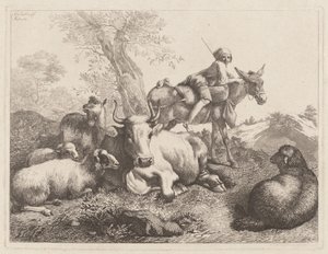 Poika aasin selässä vartioimassa ryhmää eläimiä, 1763. tekijältä Francesco Londonio
