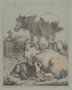 Hevonen, pässi, vuohi pojan kanssa, Kaukana paimen lauman kanssa, 1759. tekijältä Francesco Londonio