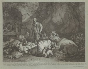 Vanha, kaljupäinen paimen, istuva paimenpoika ja lauma, vuoden 1766 jälkeen. tekijältä Francesco Londonio