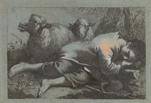 Talonpoika nukkuu lähellä kahta lammasta, 17581759. tekijältä Francesco Londonio
