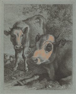 Makaava lehmä ja vasikka ulkona, 17581759. tekijältä Francesco Londonio