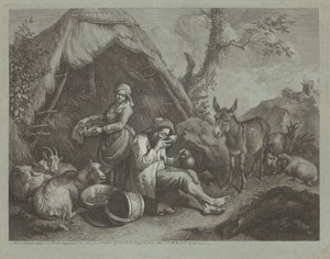 Ancià i dona asseguts amb una cistella d