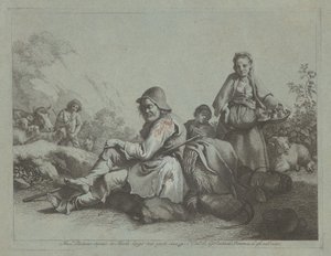 Istuva paimen ja talonpoikainen korin kanssa, 17591782. tekijältä Francesco Londonio