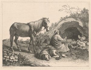 Istuva paimen hevosen, koiran, vuohien ja lampaiden kanssa, vuoden 1776 jälkeen.