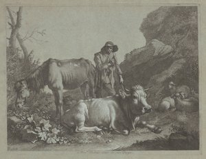 Paimen lepää kävelysauvalla vanhan hevosen ja makuuasennossa olevan härän kanssa, vuoden 1767 jälkeen. tekijältä Francesco Londonio