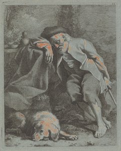 Nukkuva vanha mies koiran kanssa, 1759. tekijältä Francesco Londonio