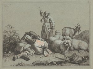 Nukkuva talonpoika ja seisova kehrä, 1763. tekijältä Francesco Londonio